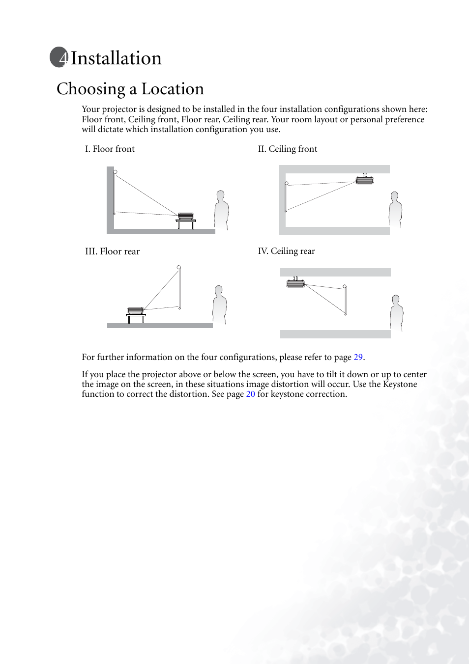 Installation, Choosing a location | BenQ PB6110 User Manual | Page 19 / 47