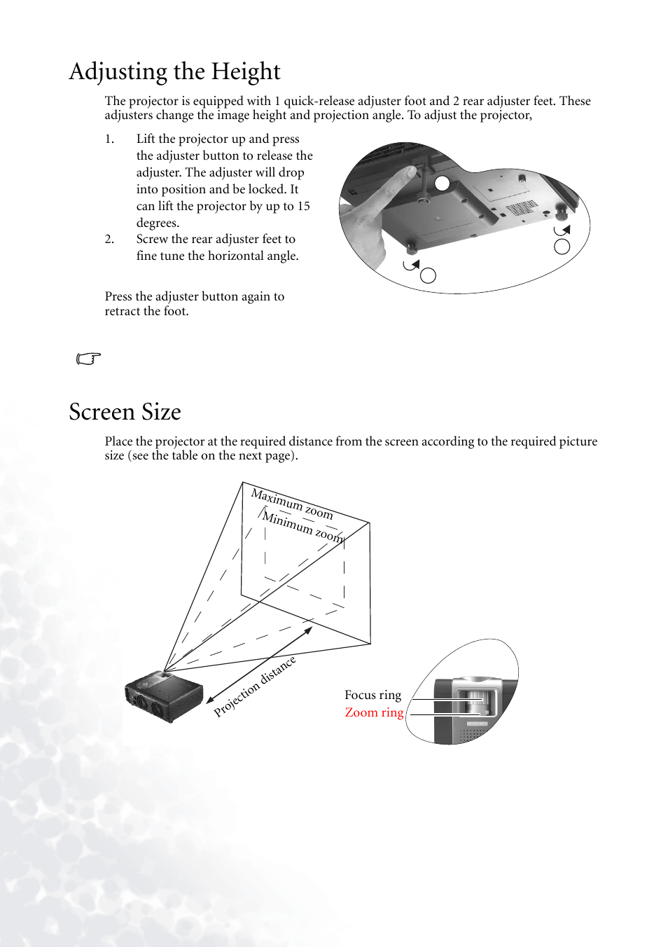 Adjusting the height, Screen size, Adjusting the height screen size | BenQ PB6110 User Manual | Page 20 / 47