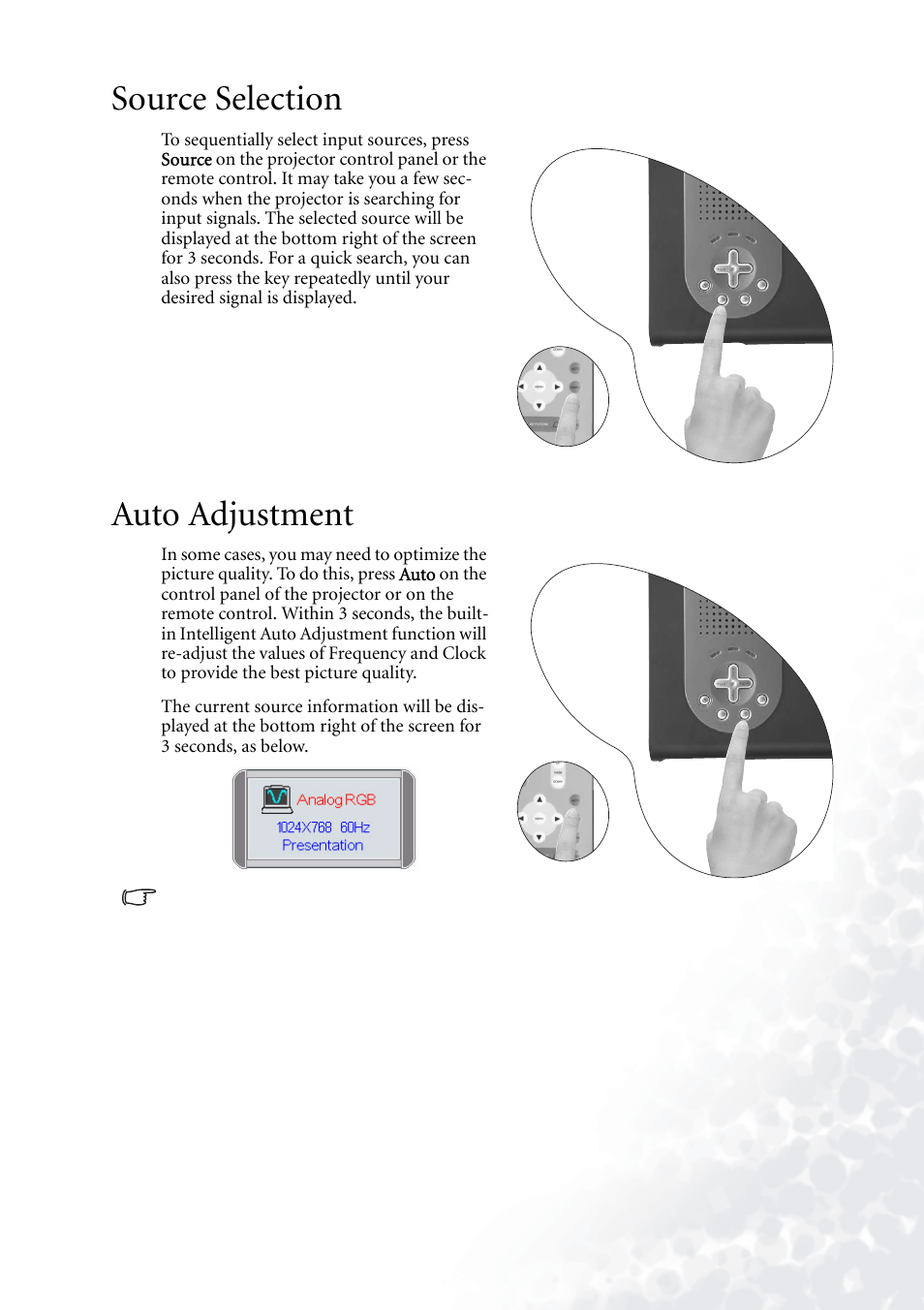 Source selection, Auto adjustment, Source selection auto adjustment | For info | BenQ PB6110 User Manual | Page 25 / 47