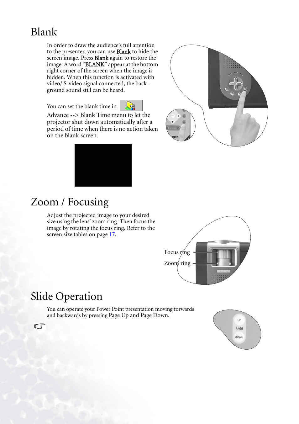 Blank, Zoom / focusing, Slide operation | Blank zoom / focusing slide operation | BenQ PB6110 User Manual | Page 26 / 47