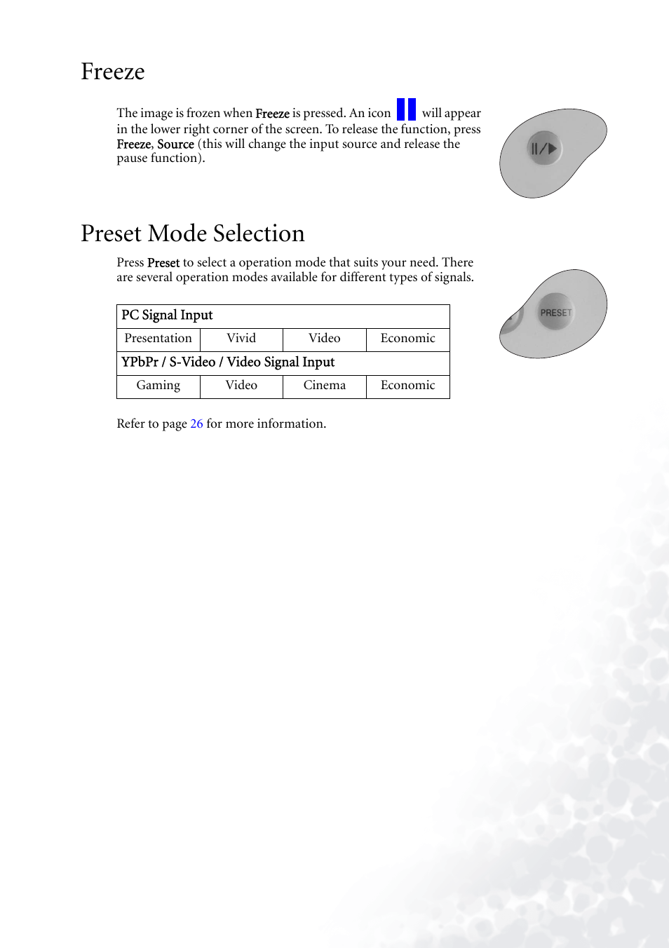 Freeze, Preset mode selection, Freeze preset mode selection | BenQ PB6110 User Manual | Page 27 / 47