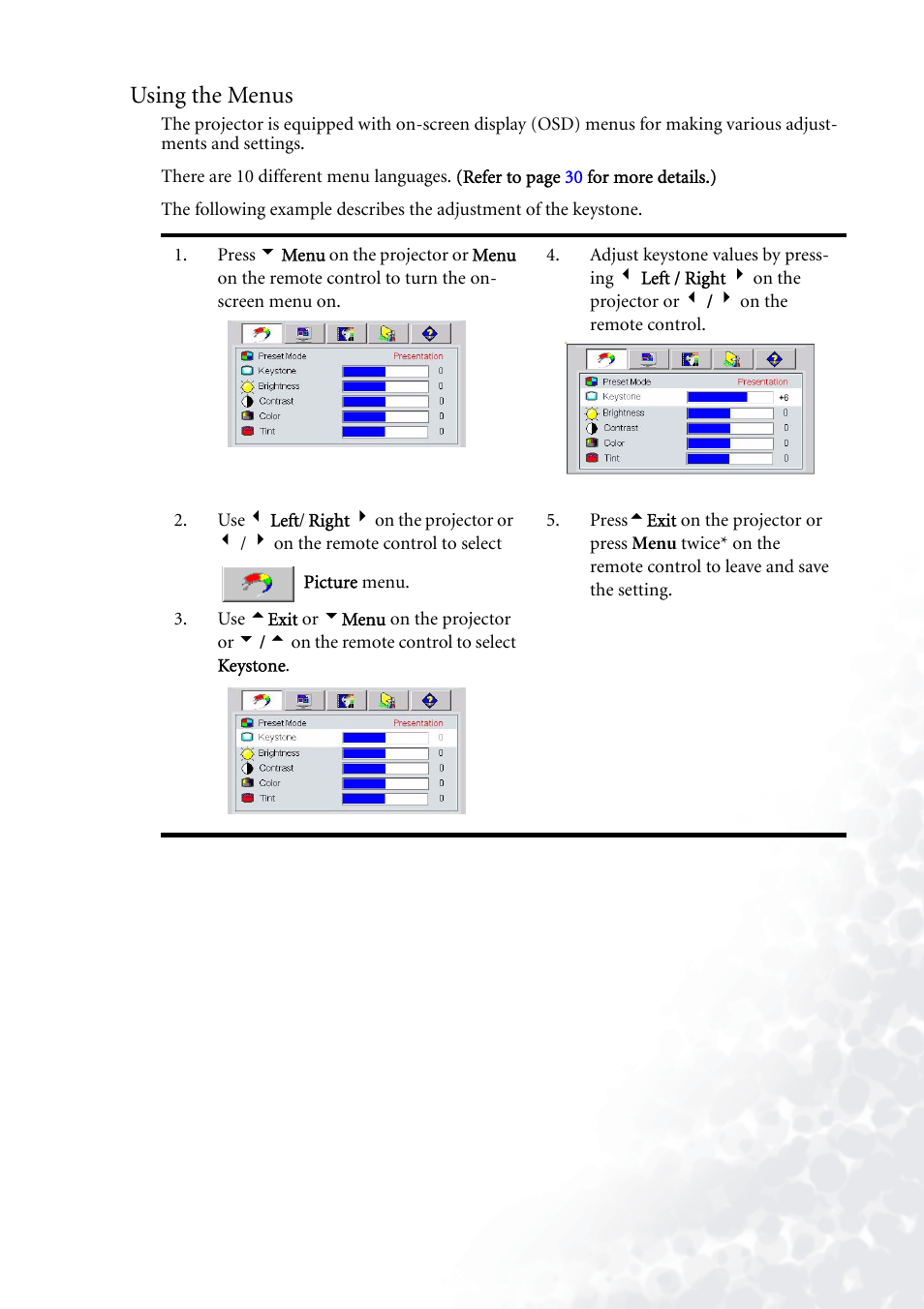 Using the menus | BenQ PB6110 User Manual | Page 29 / 47