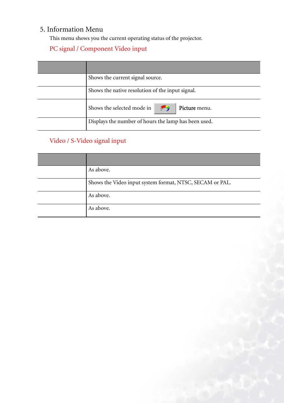 Information menu | BenQ PB6110 User Manual | Page 35 / 47