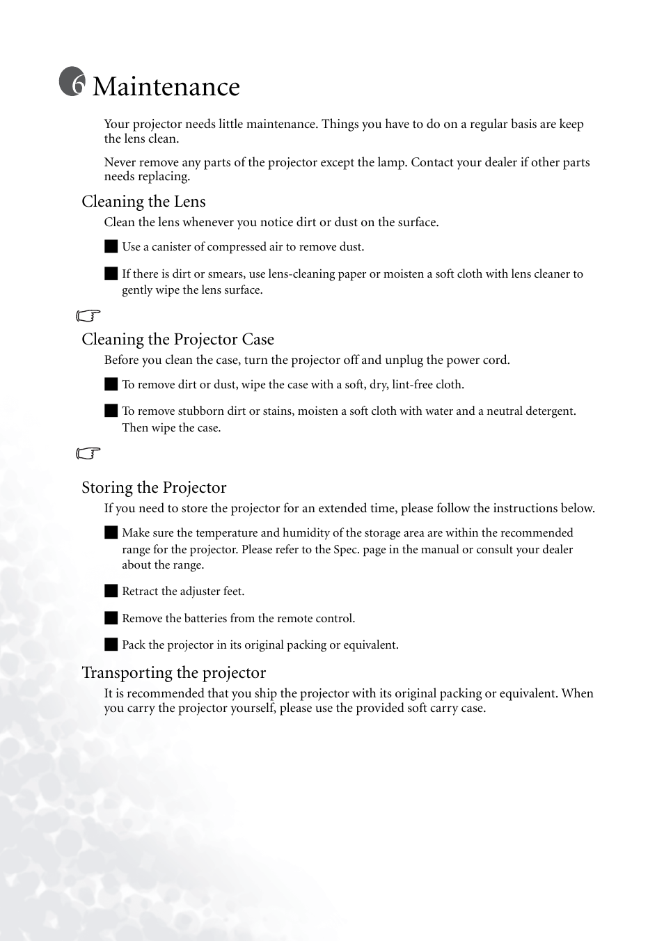 Maintenance, Cleaning the lens, Cleaning the projector case | Storing the projector, Transporting the projector | BenQ PB6110 User Manual | Page 36 / 47