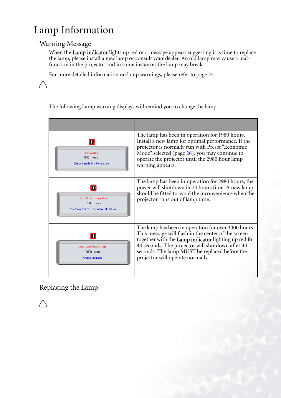 Lamp information, Warning message, Replacing the lamp | Warning message replacing the lamp | BenQ PB6110 User Manual | Page 37 / 47