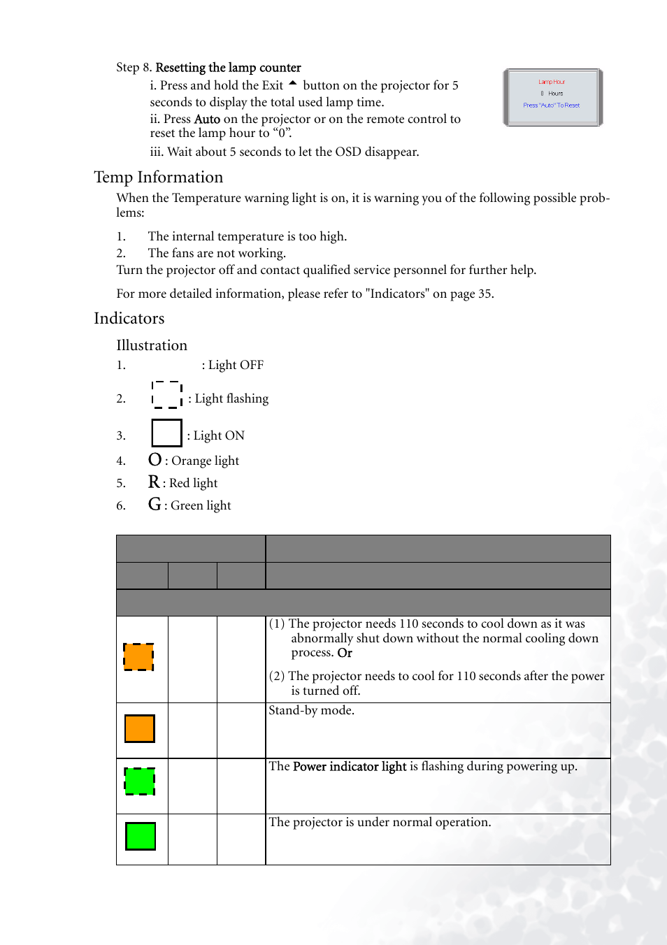 Temp information, Indicators, Temp information indicators | BenQ PB6110 User Manual | Page 39 / 47