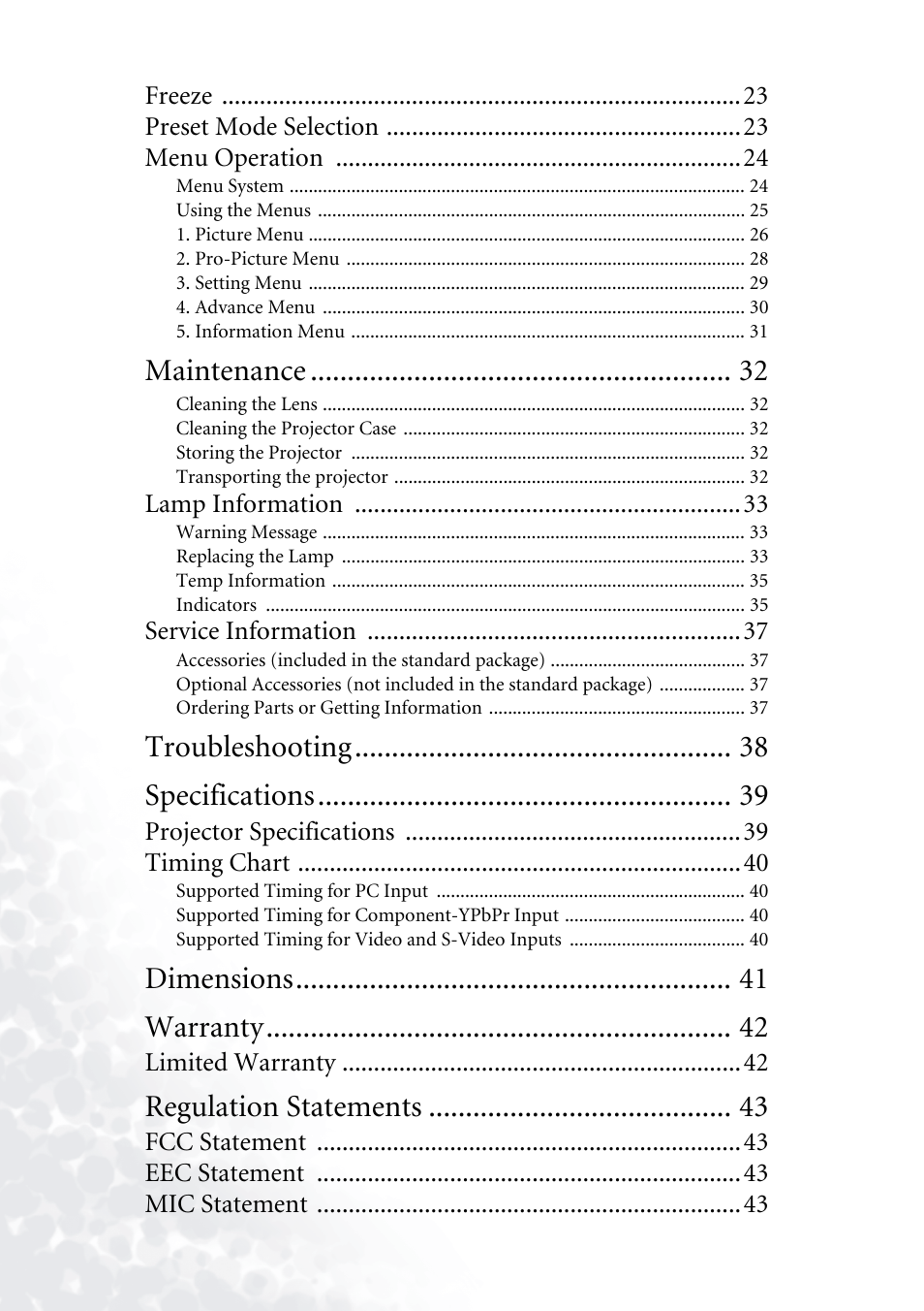 Maintenance, Troubleshooting specifications, Dimensions warranty | Regulation statements | BenQ PB6110 User Manual | Page 4 / 47