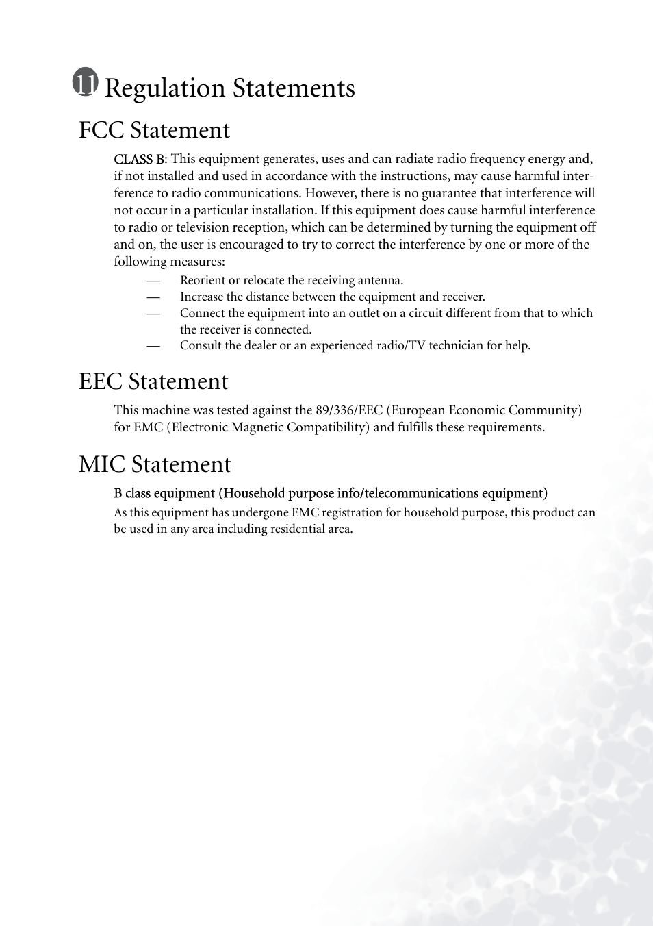 Regulation statements, Fcc statement, Eec statement | Mic statement, Fcc statement eec statement mic statement | BenQ PB6110 User Manual | Page 47 / 47