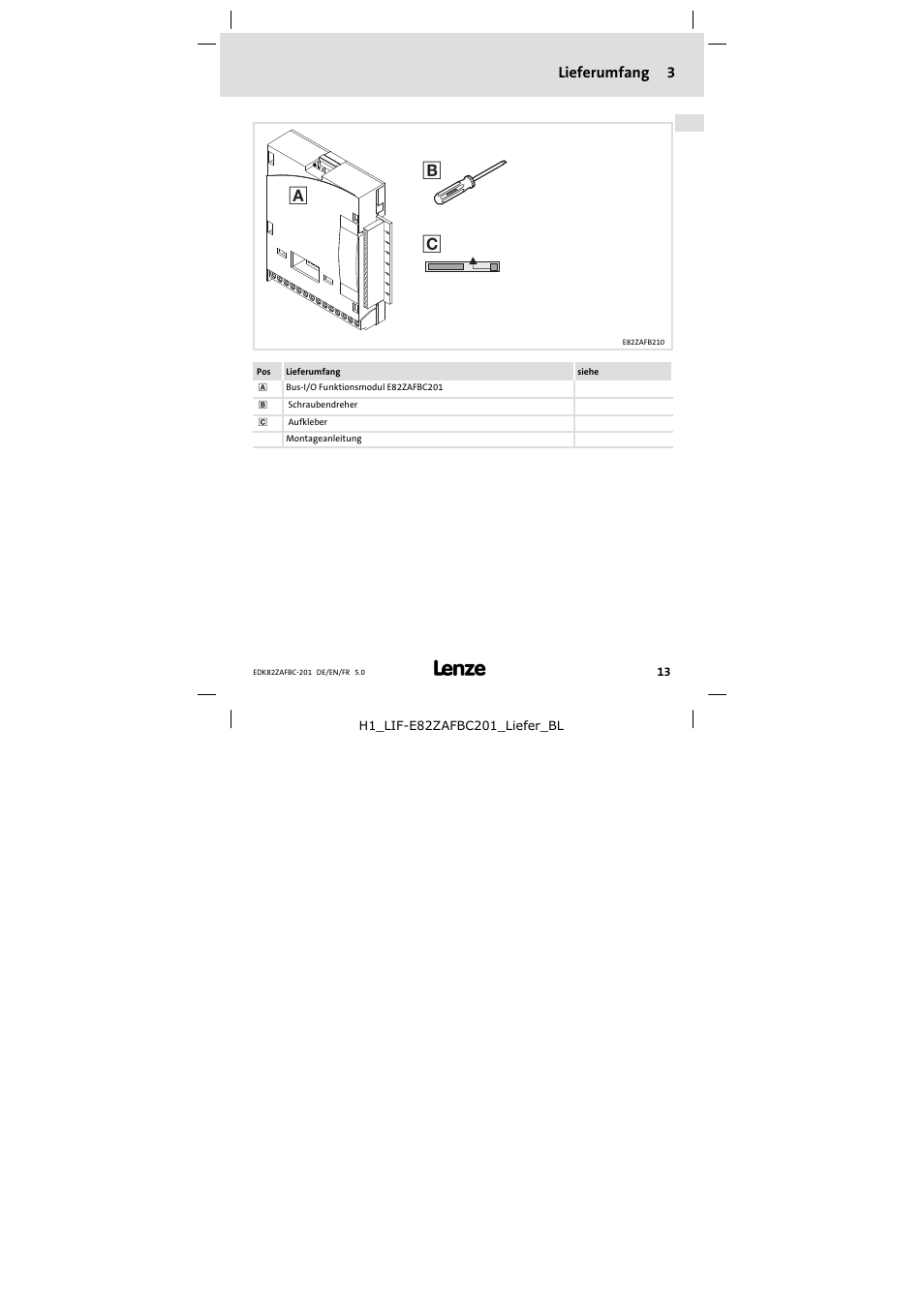 3 lieferumfang, Lieferumfang | Lenze E82ZAFBC201 User Manual | Page 13 / 64