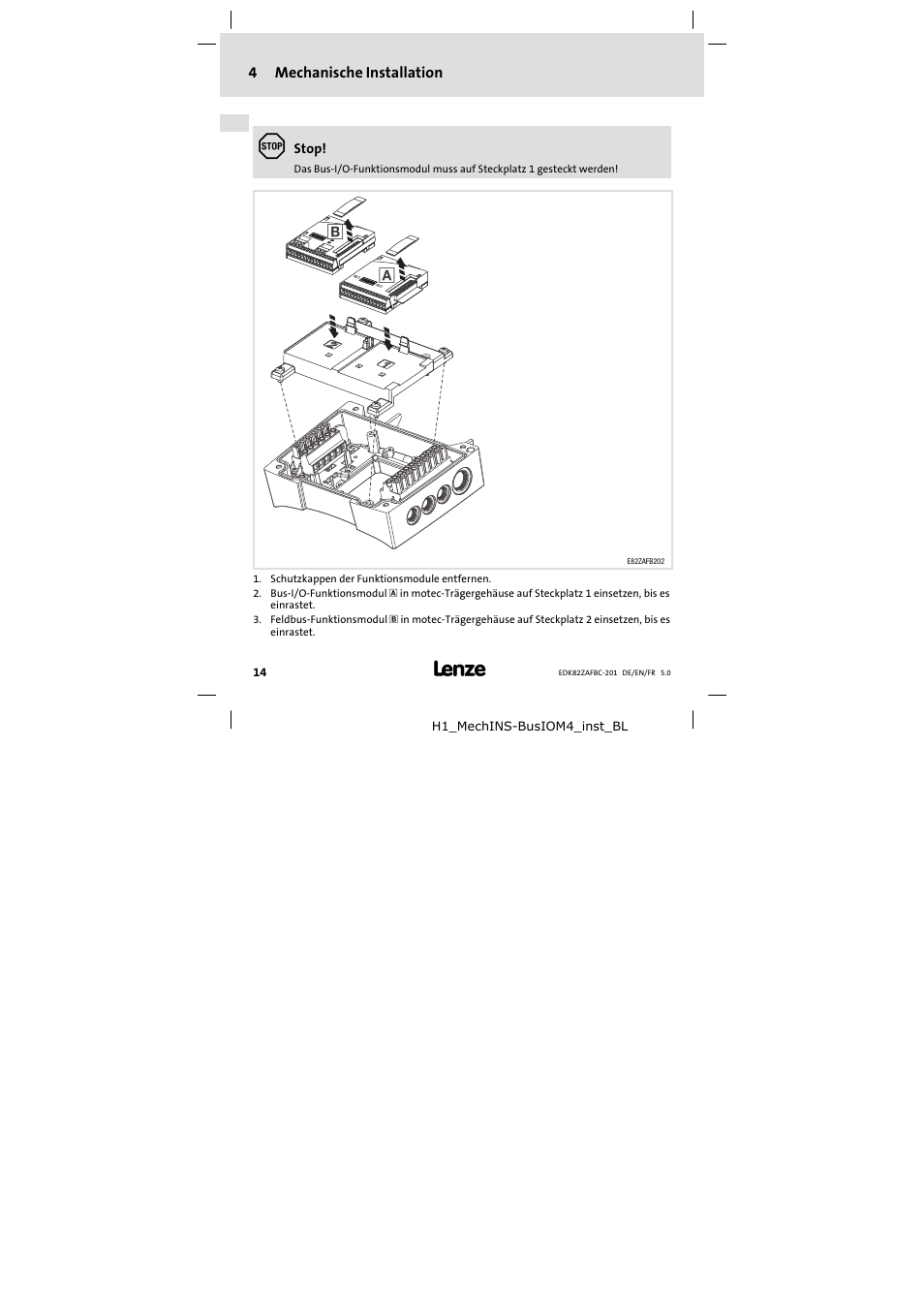 4 mechanische installation, Mechanische installation | Lenze E82ZAFBC201 User Manual | Page 14 / 64
