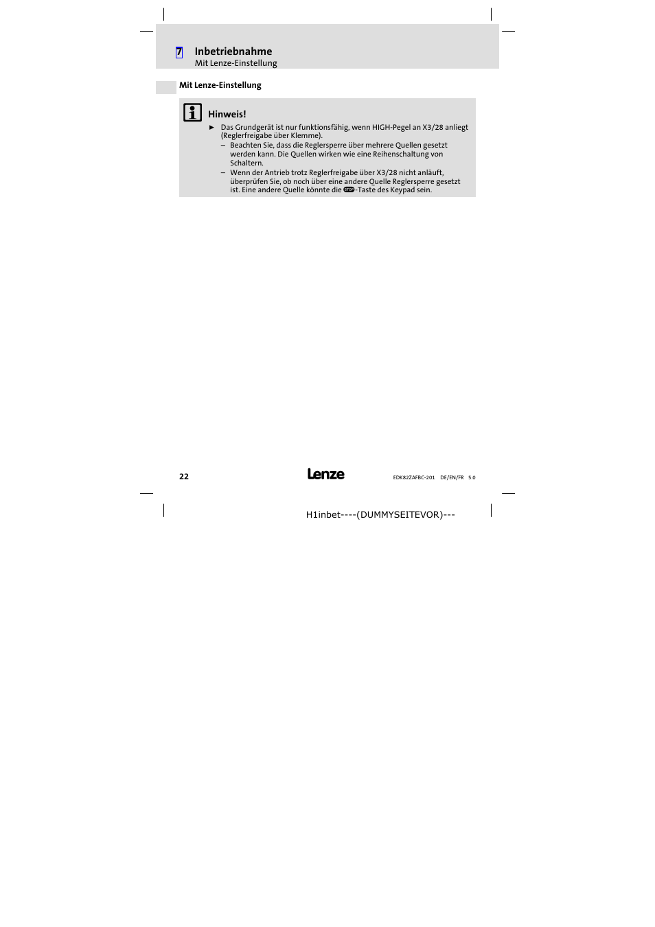 Mit lenze-einstellung, Mit lenze−einstellung | Lenze E82ZAFBC201 User Manual | Page 22 / 64