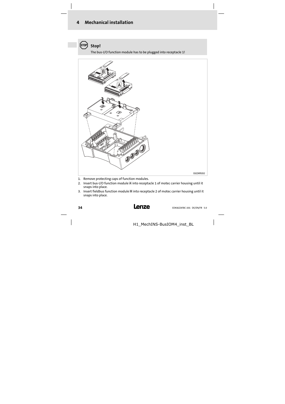 4 mechanical installation, Mechanical installation | Lenze E82ZAFBC201 User Manual | Page 34 / 64