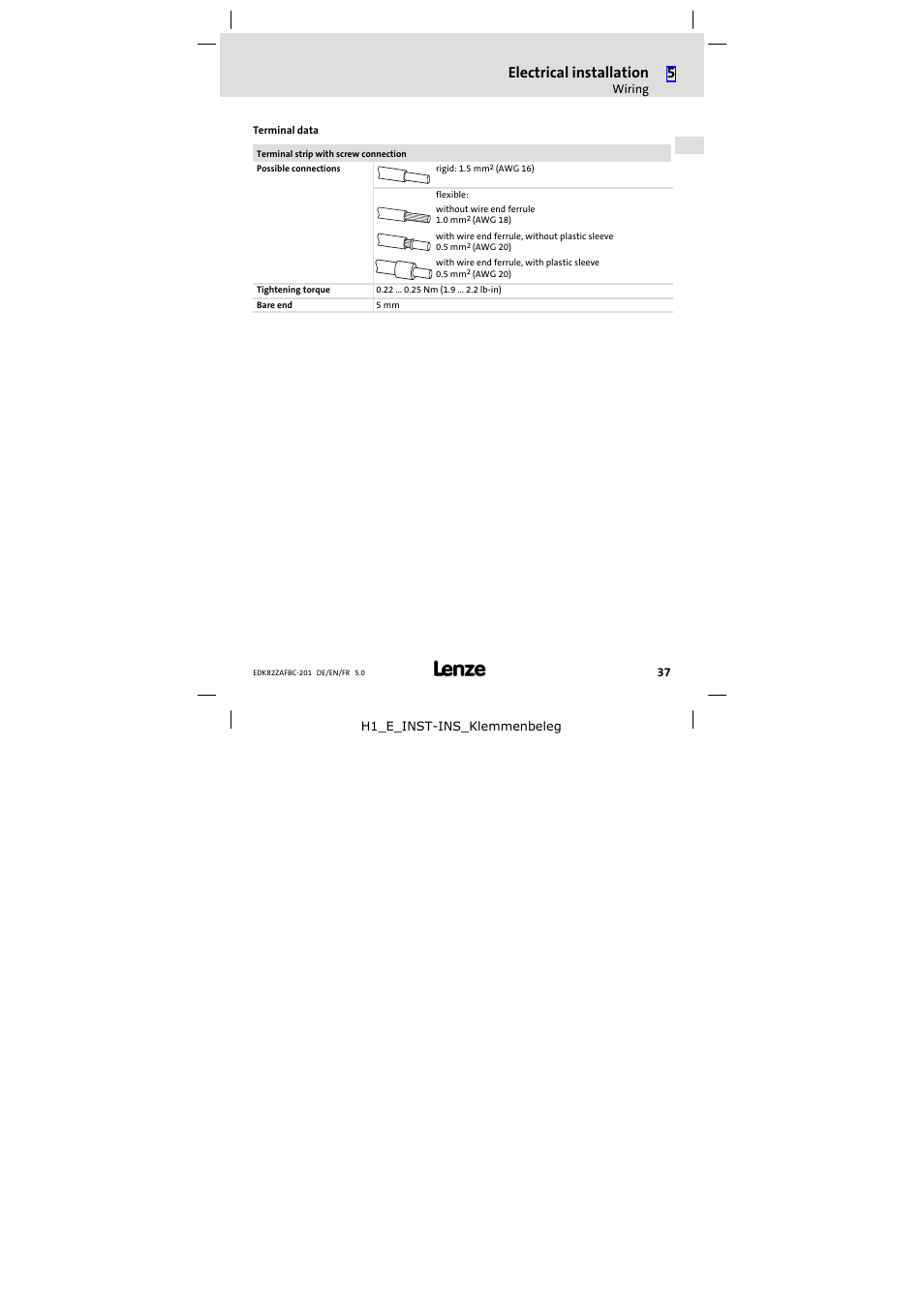 Electrical installation | Lenze E82ZAFBC201 User Manual | Page 37 / 64