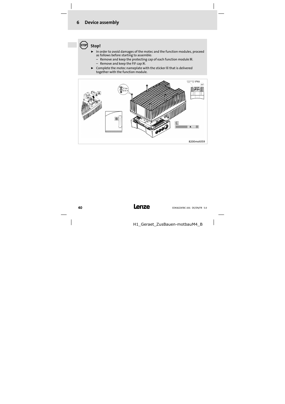 6 device assembly, Device assembly | Lenze E82ZAFBC201 User Manual | Page 40 / 64