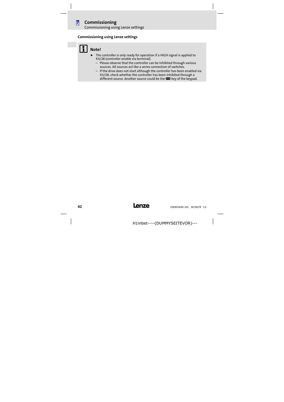 Commissioning using lenze settings | Lenze E82ZAFBC201 User Manual | Page 42 / 64