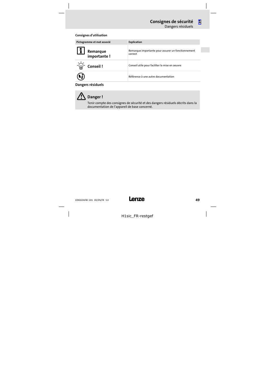 Dangers résiduels | Lenze E82ZAFBC201 User Manual | Page 49 / 64