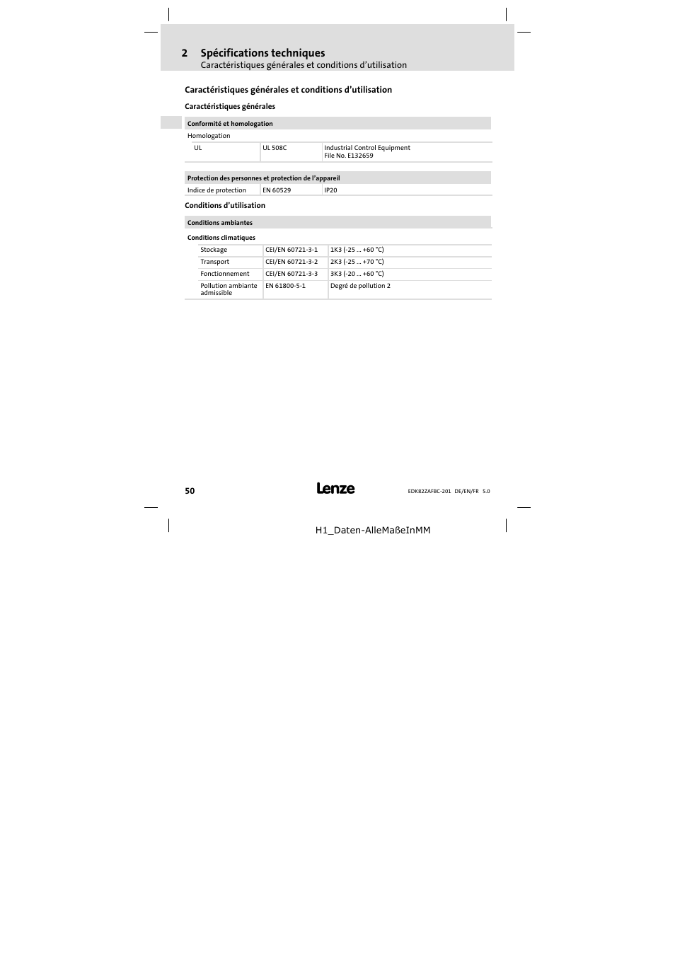 2 spécifications techniques, Spécifications techniques, 2spécifications techniques | Lenze E82ZAFBC201 User Manual | Page 50 / 64