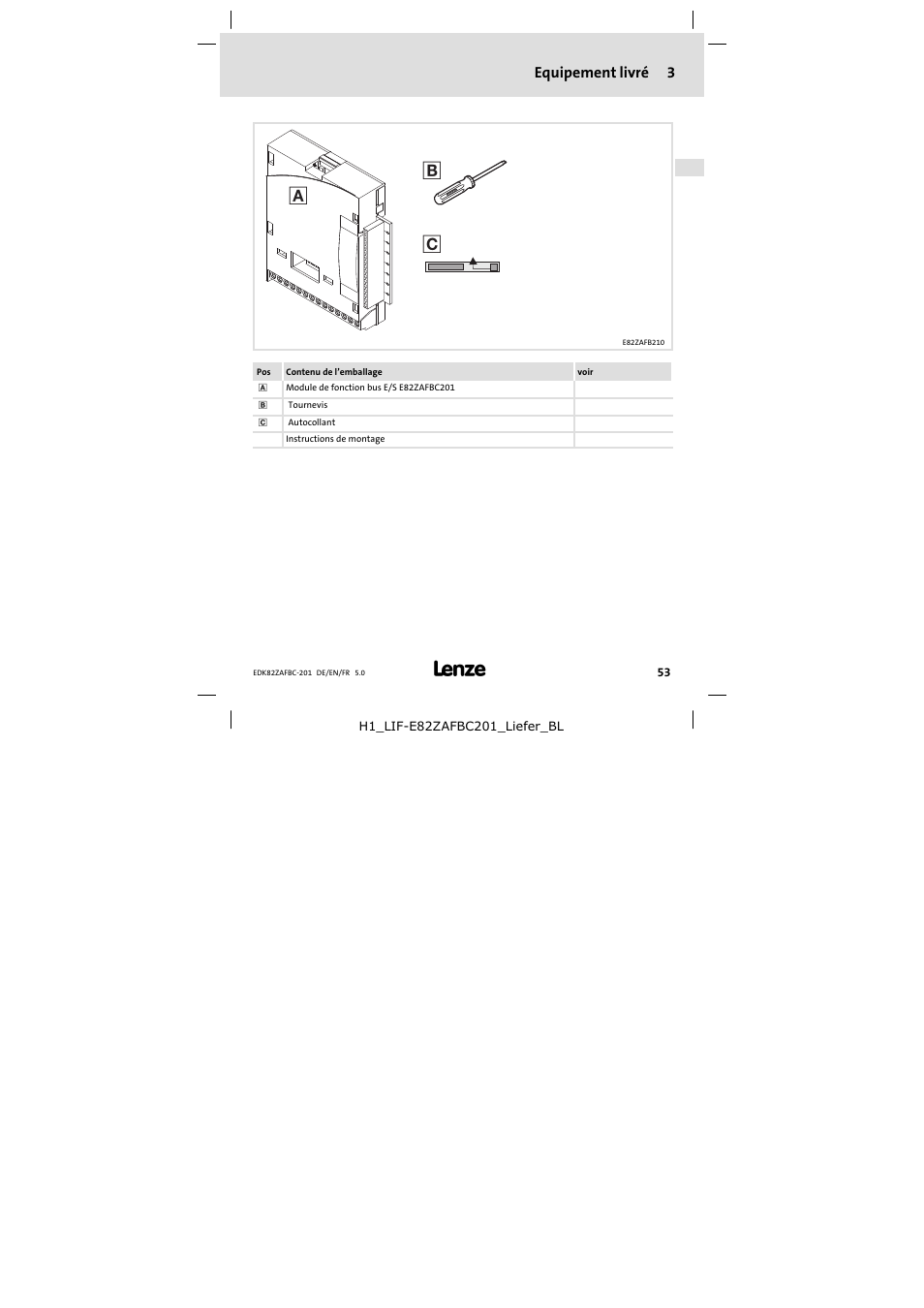 3 equipement livré, Equipement livré | Lenze E82ZAFBC201 User Manual | Page 53 / 64