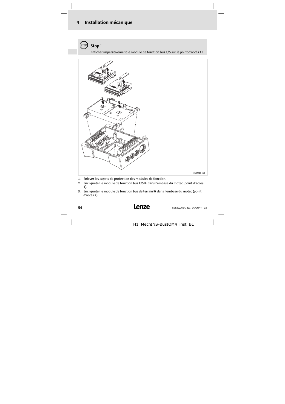 4 installation mécanique, Installation mécanique | Lenze E82ZAFBC201 User Manual | Page 54 / 64