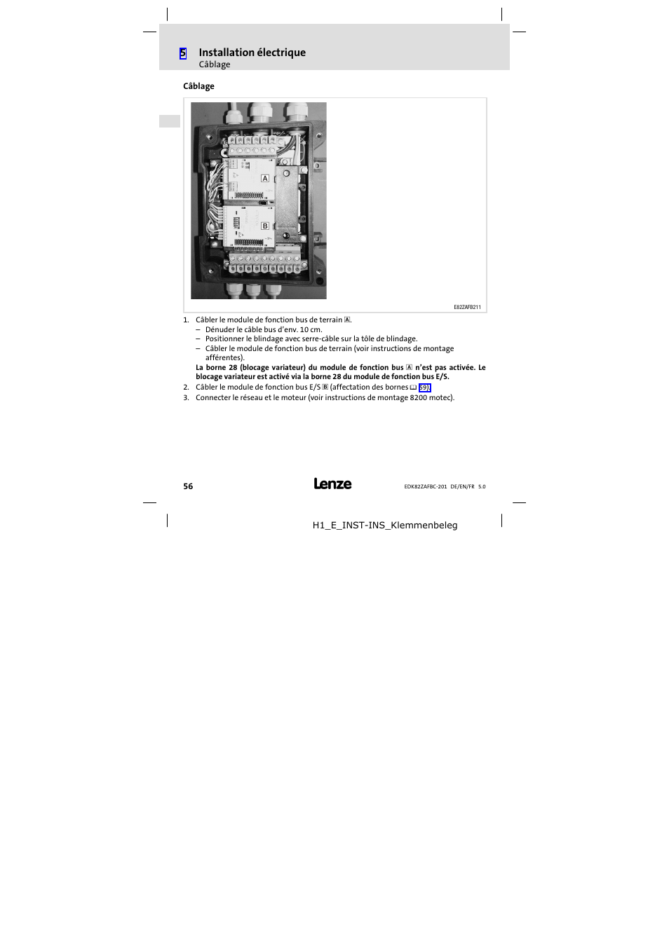 Câblage, 5installation électrique | Lenze E82ZAFBC201 User Manual | Page 56 / 64