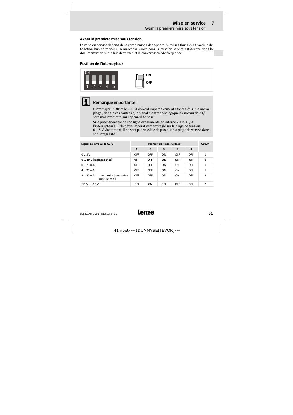 7 mise en service, Avant la première mise sous tension, Position de l'interrupteur | Mise en service, Position de l’interrupteur, Remarque importante | Lenze E82ZAFBC201 User Manual | Page 61 / 64