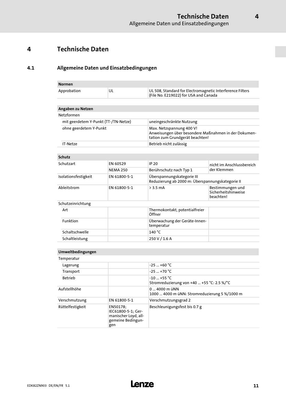 4 technische daten, 1 allgemeine daten und einsatzbedingungen, Technische daten | Allgemeine daten und einsatzbedingungen, 4technische daten | Lenze E82ZN User Manual | Page 11 / 58