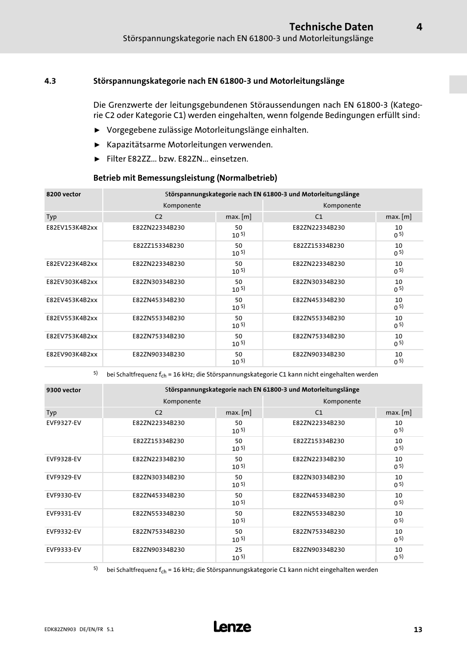 Technische daten, Vorgegebene zulässige motorleitungslänge einhalten, Kapazitätsarme motorleitungen verwenden | Lenze E82ZN User Manual | Page 13 / 58