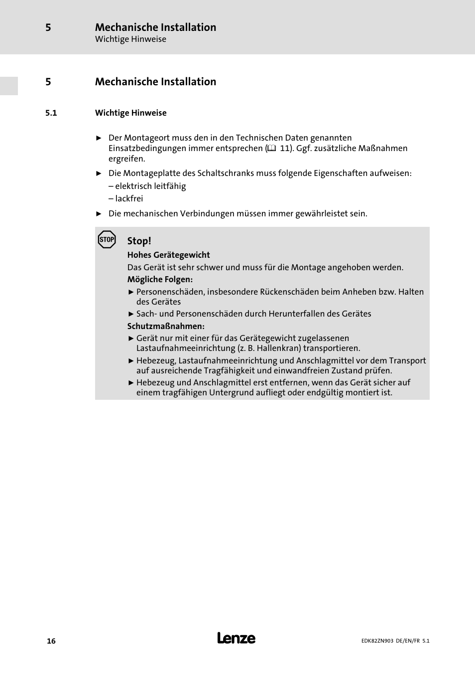 5 mechanische installation, 1 wichtige hinweise, Mechanische installation | Wichtige hinweise, 5mechanische installation | Lenze E82ZN User Manual | Page 16 / 58