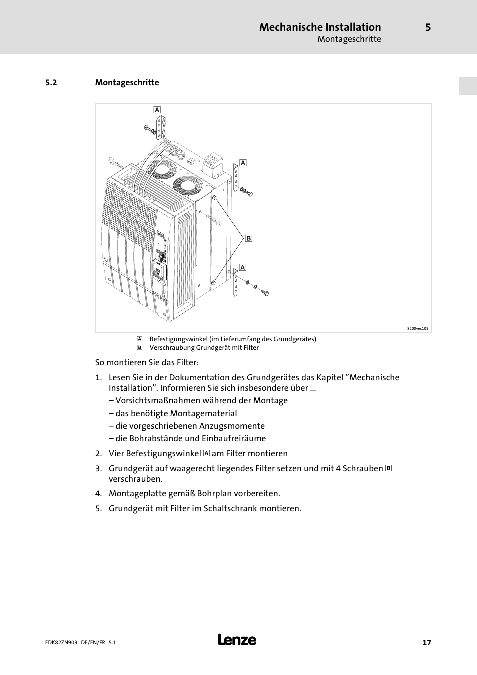 2 montageschritte, Montageschritte, Mechanische installation | Lenze E82ZN User Manual | Page 17 / 58