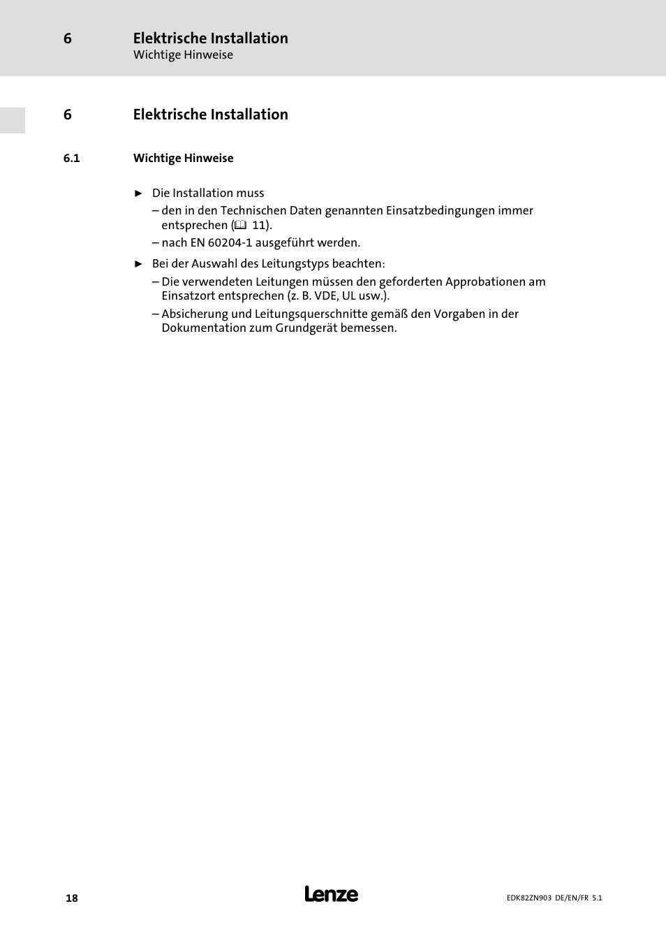 6 elektrische installation, 1 wichtige hinweise, Elektrische installation | Wichtige hinweise, 6elektrische installation | Lenze E82ZN User Manual | Page 18 / 58