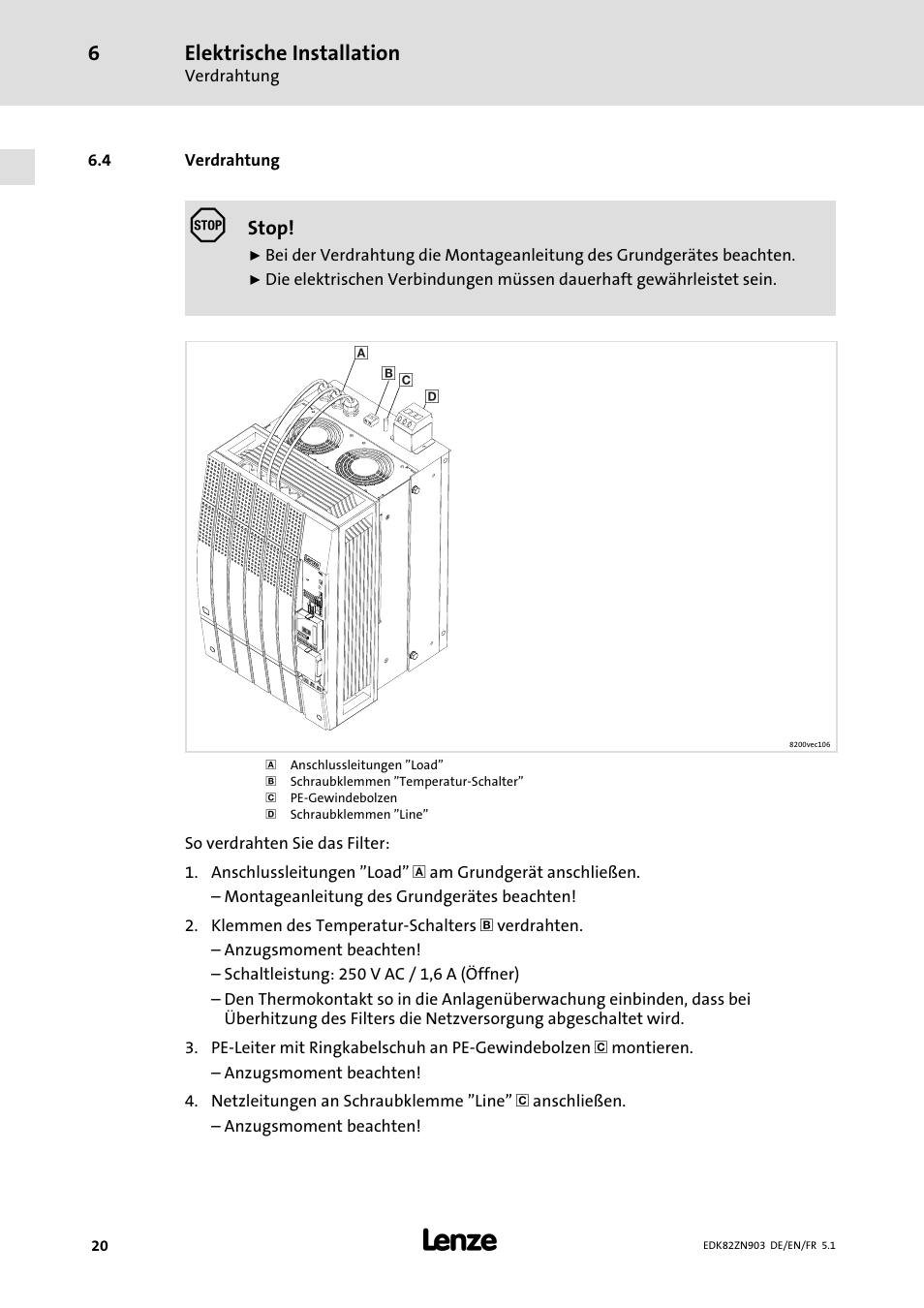 4 verdrahtung, Verdrahtung, Elektrische installation | Lenze E82ZN User Manual | Page 20 / 58