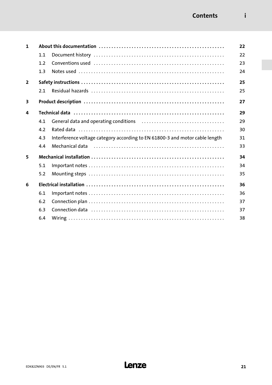 Contents i | Lenze E82ZN User Manual | Page 21 / 58