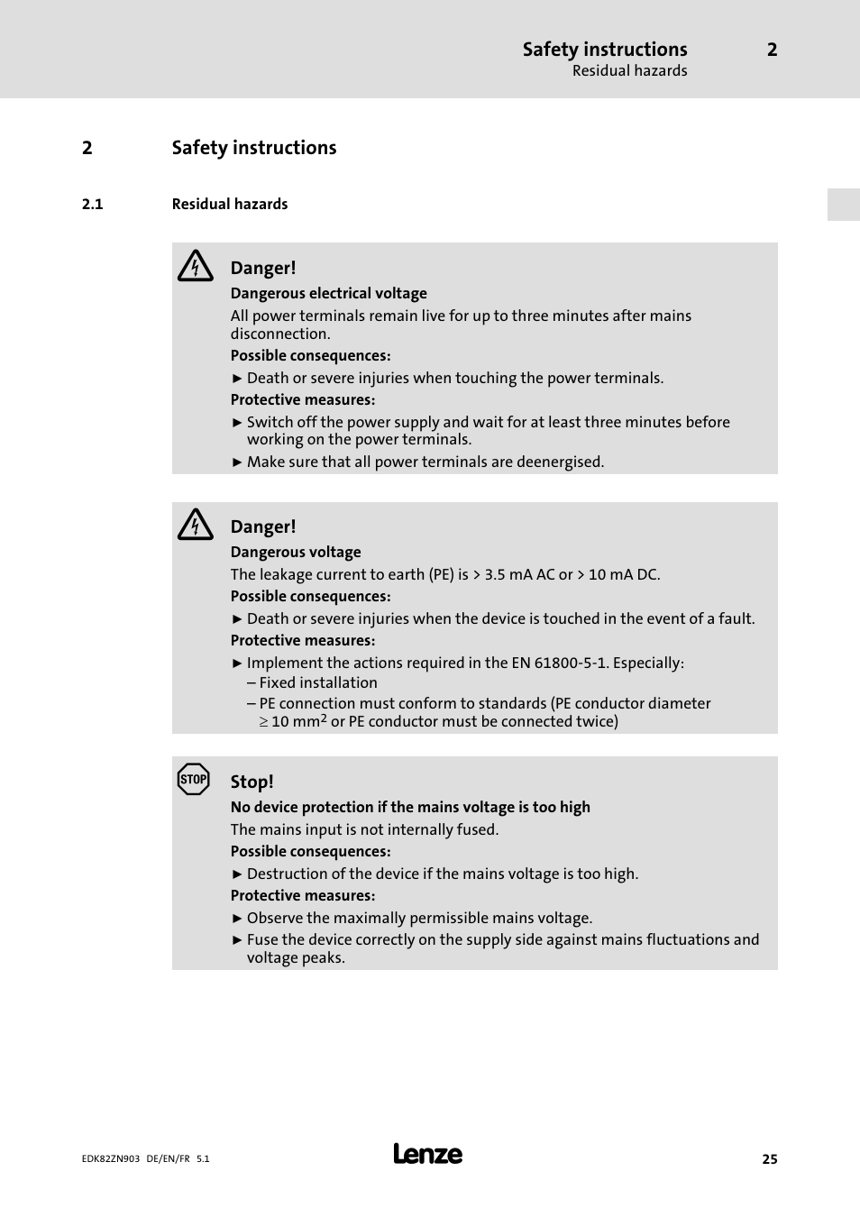2 safety instructions, 1 residual hazards, Safety instructions | Residual hazards | Lenze E82ZN User Manual | Page 25 / 58