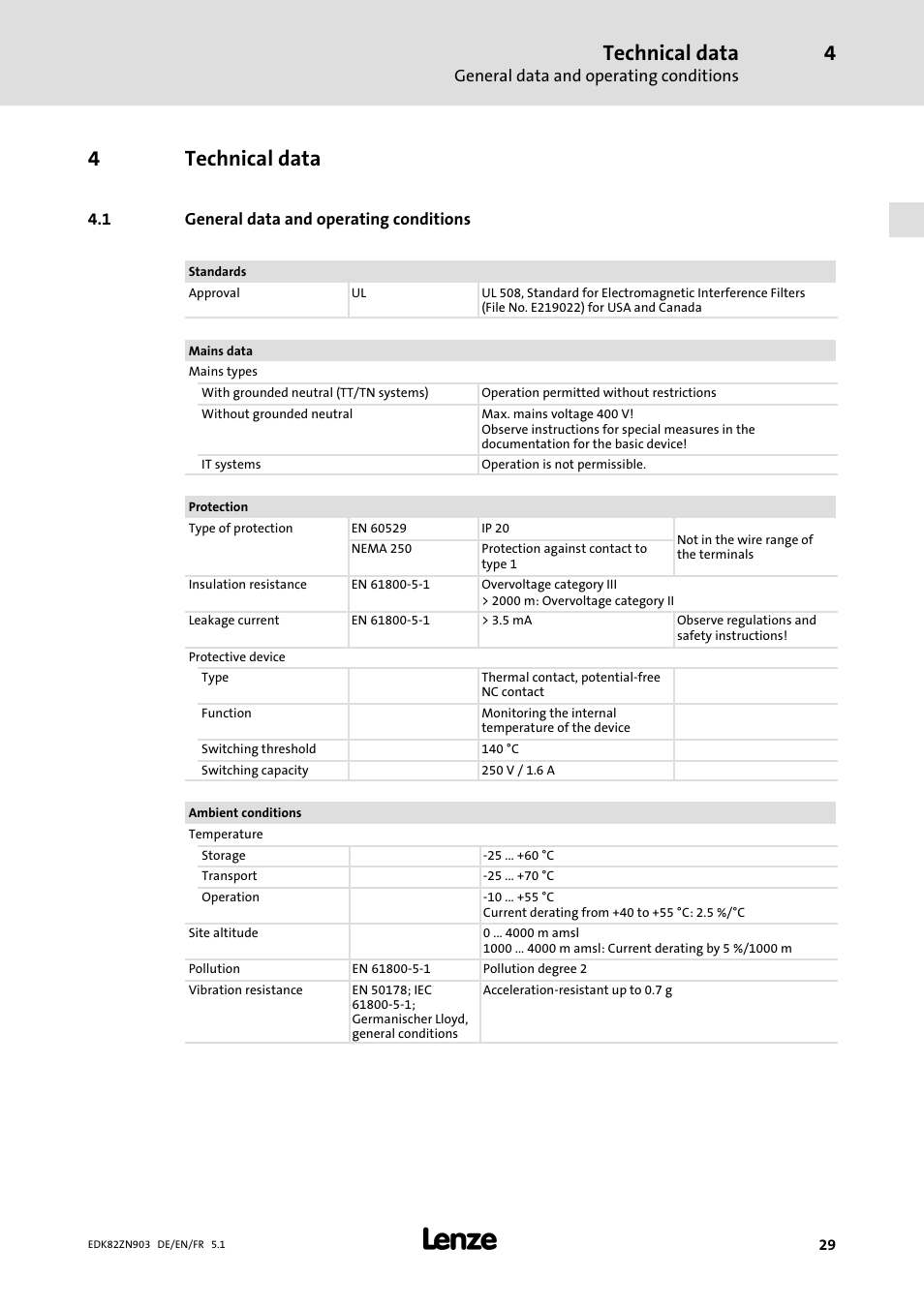 4 technical data, 1 general data and operating conditions, Technical data | General data and operating conditions, 4technical data | Lenze E82ZN User Manual | Page 29 / 58