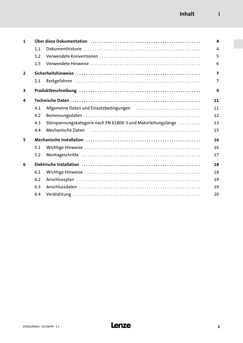 Inhalt i | Lenze E82ZN User Manual | Page 3 / 58