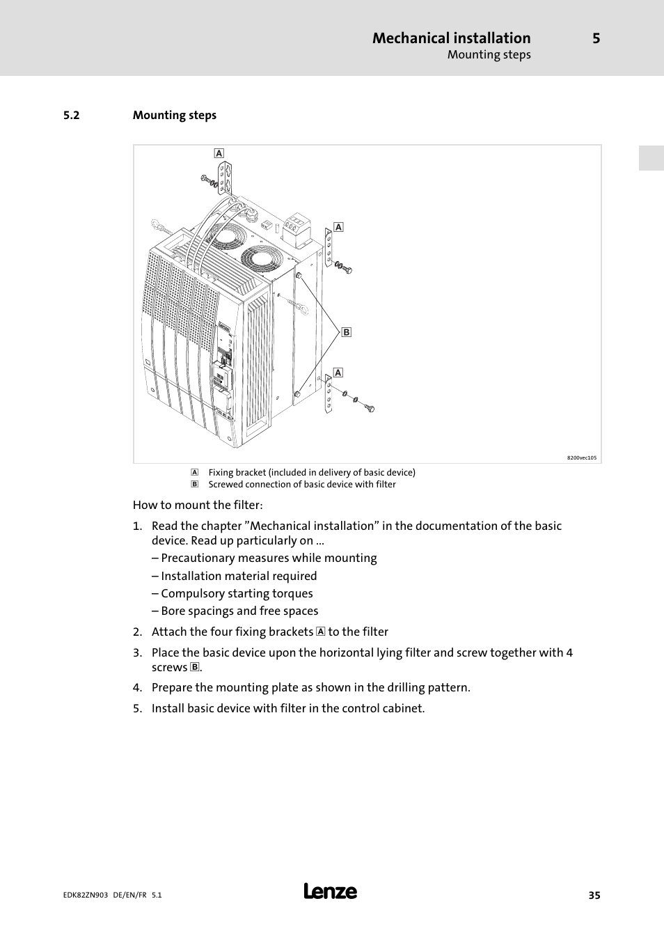 2 mounting steps, Mounting steps, Mechanical installation | Lenze E82ZN User Manual | Page 35 / 58