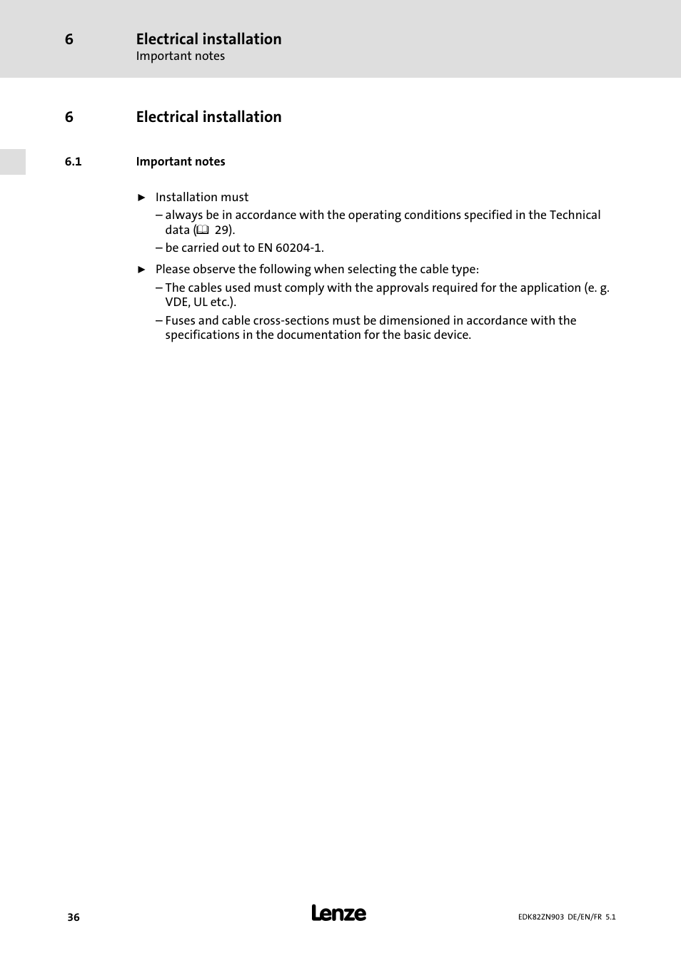 6 electrical installation, 1 important notes, Electrical installation | Important notes, 6electrical installation | Lenze E82ZN User Manual | Page 36 / 58