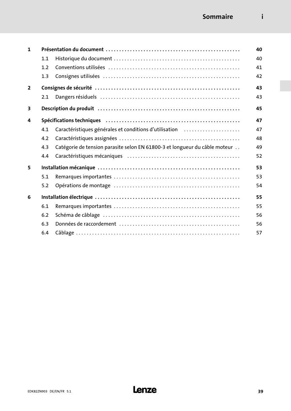 Sommaire i | Lenze E82ZN User Manual | Page 39 / 58