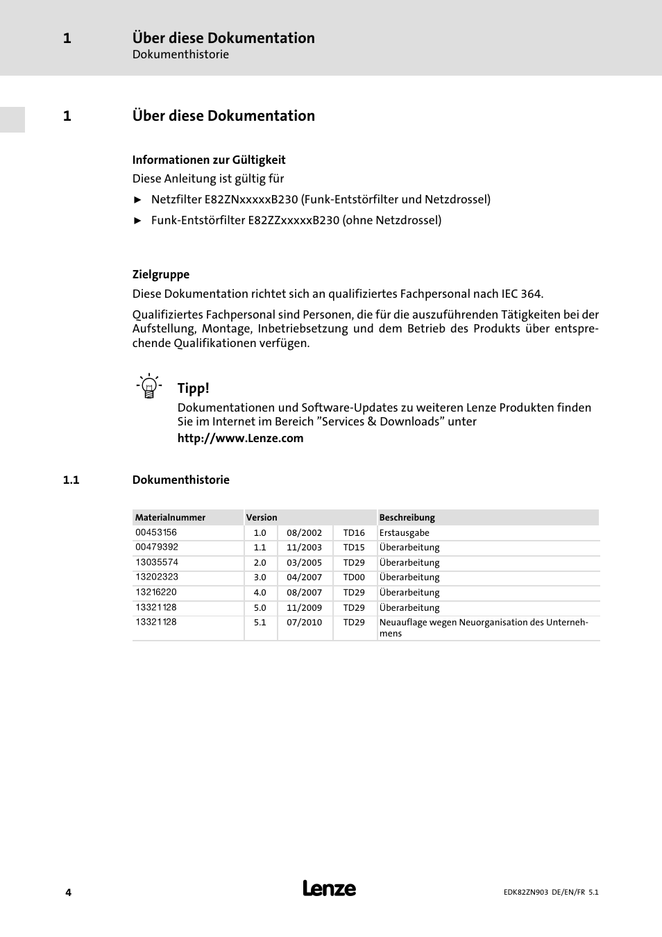 1 über diese dokumentation, 1 dokumenthistorie, Über diese dokumentation | Dokumenthistorie, 1über diese dokumentation, Tipp | Lenze E82ZN User Manual | Page 4 / 58