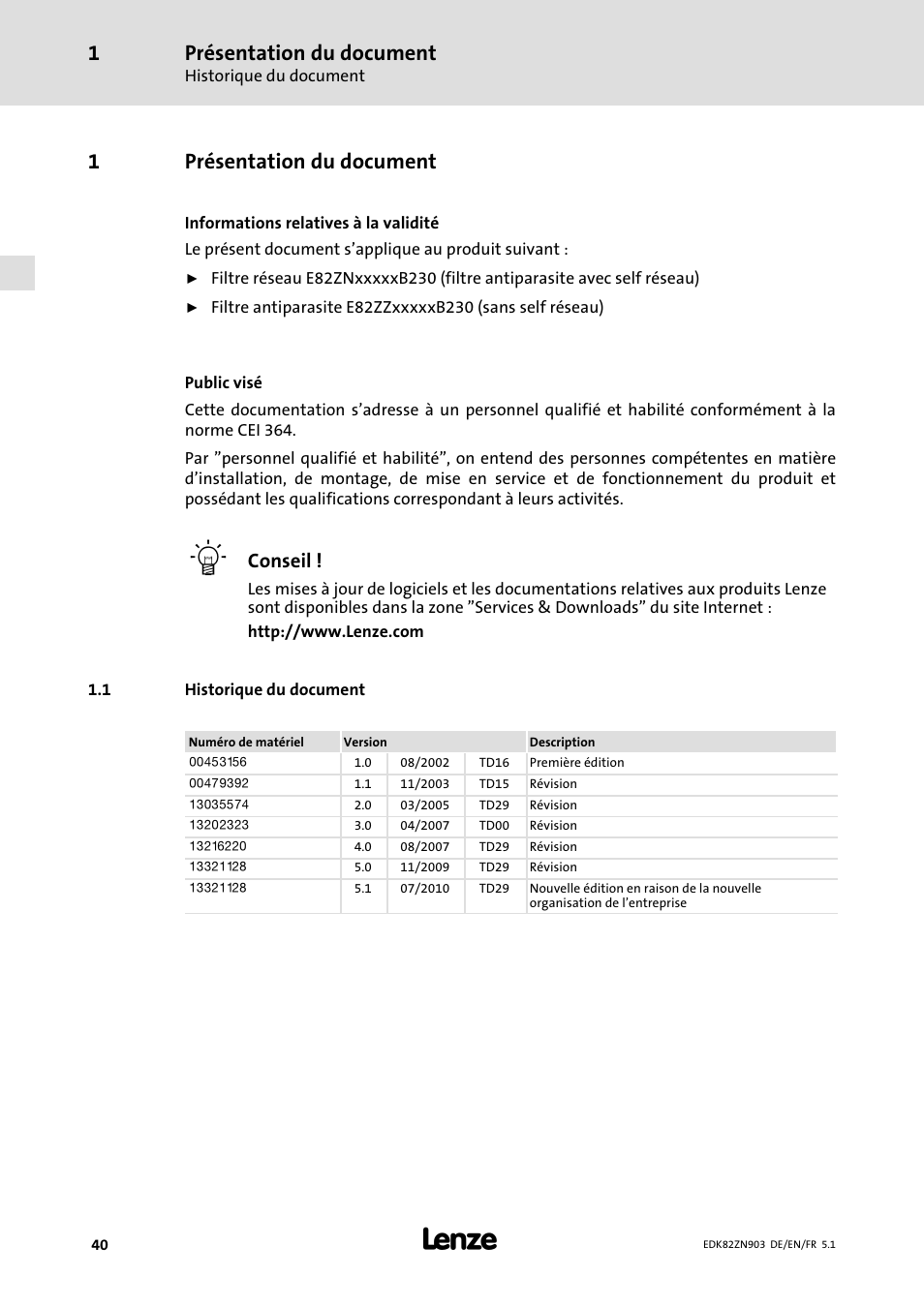 1 présentation du document, 1 historique du document, Présentation du document | Historique du document, 1présentation du document, Conseil | Lenze E82ZN User Manual | Page 40 / 58