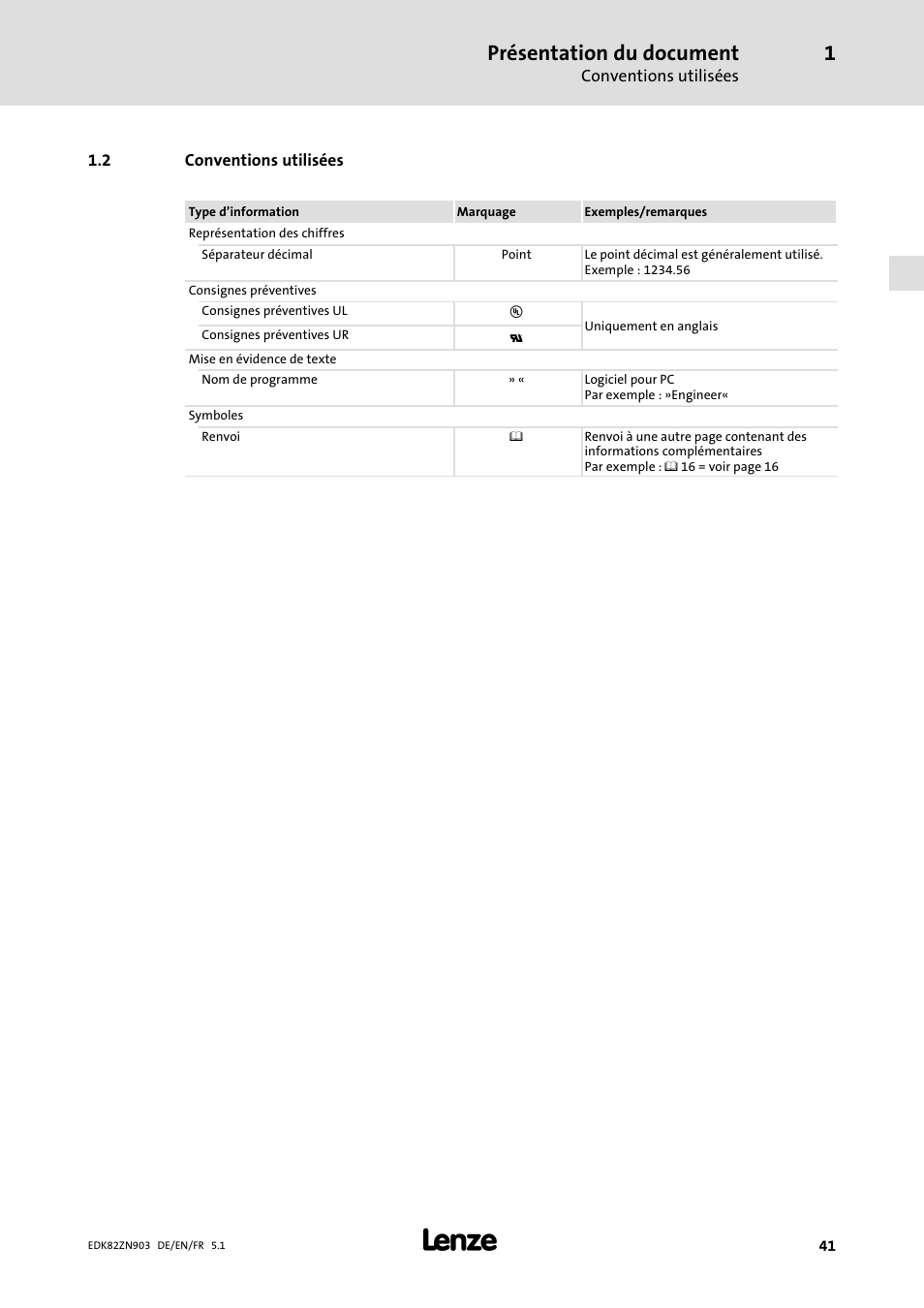 2 conventions utilisées, Conventions utilisées, Présentation du document | Lenze E82ZN User Manual | Page 41 / 58