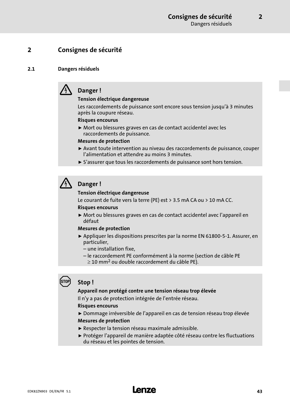 2 consignes de sécurité, 1 dangers résiduels, Consignes de sécurité | Dangers résiduels | Lenze E82ZN User Manual | Page 43 / 58
