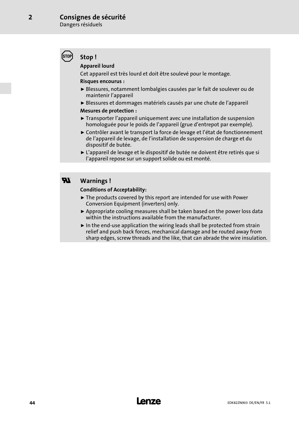 Consignes de sécurité | Lenze E82ZN User Manual | Page 44 / 58