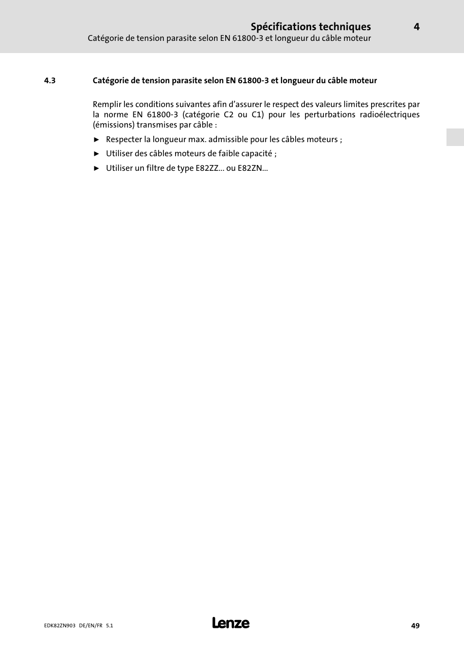 Spécifications techniques | Lenze E82ZN User Manual | Page 49 / 58