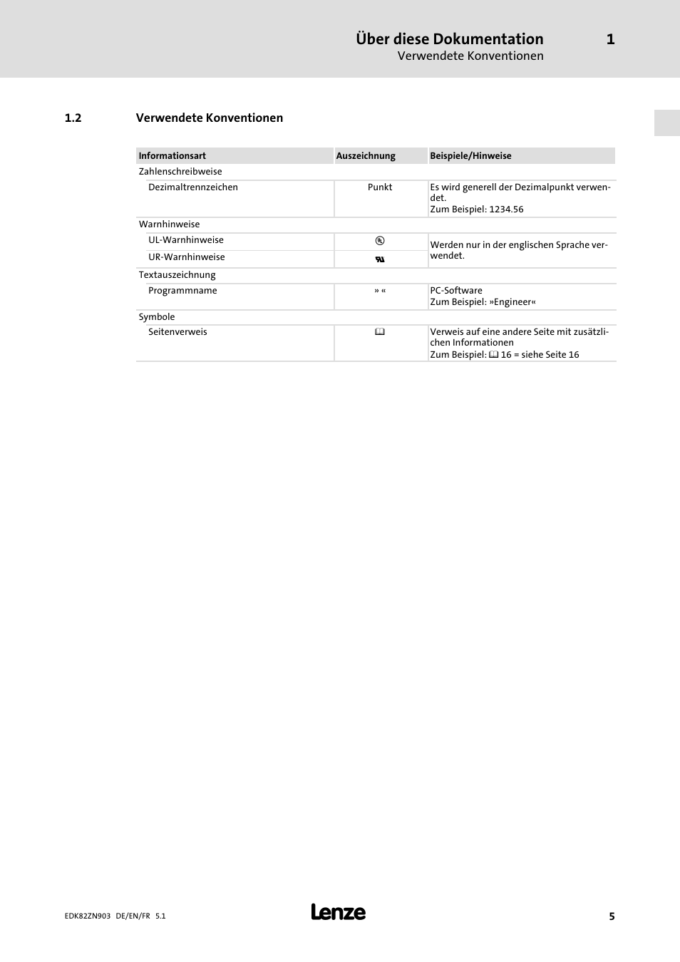 2 verwendete konventionen, Verwendete konventionen, Über diese dokumentation | Lenze E82ZN User Manual | Page 5 / 58
