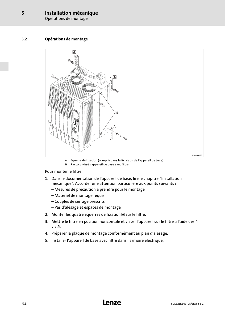 2 opérations de montage, Opérations de montage, Installation mécanique | Lenze E82ZN User Manual | Page 54 / 58