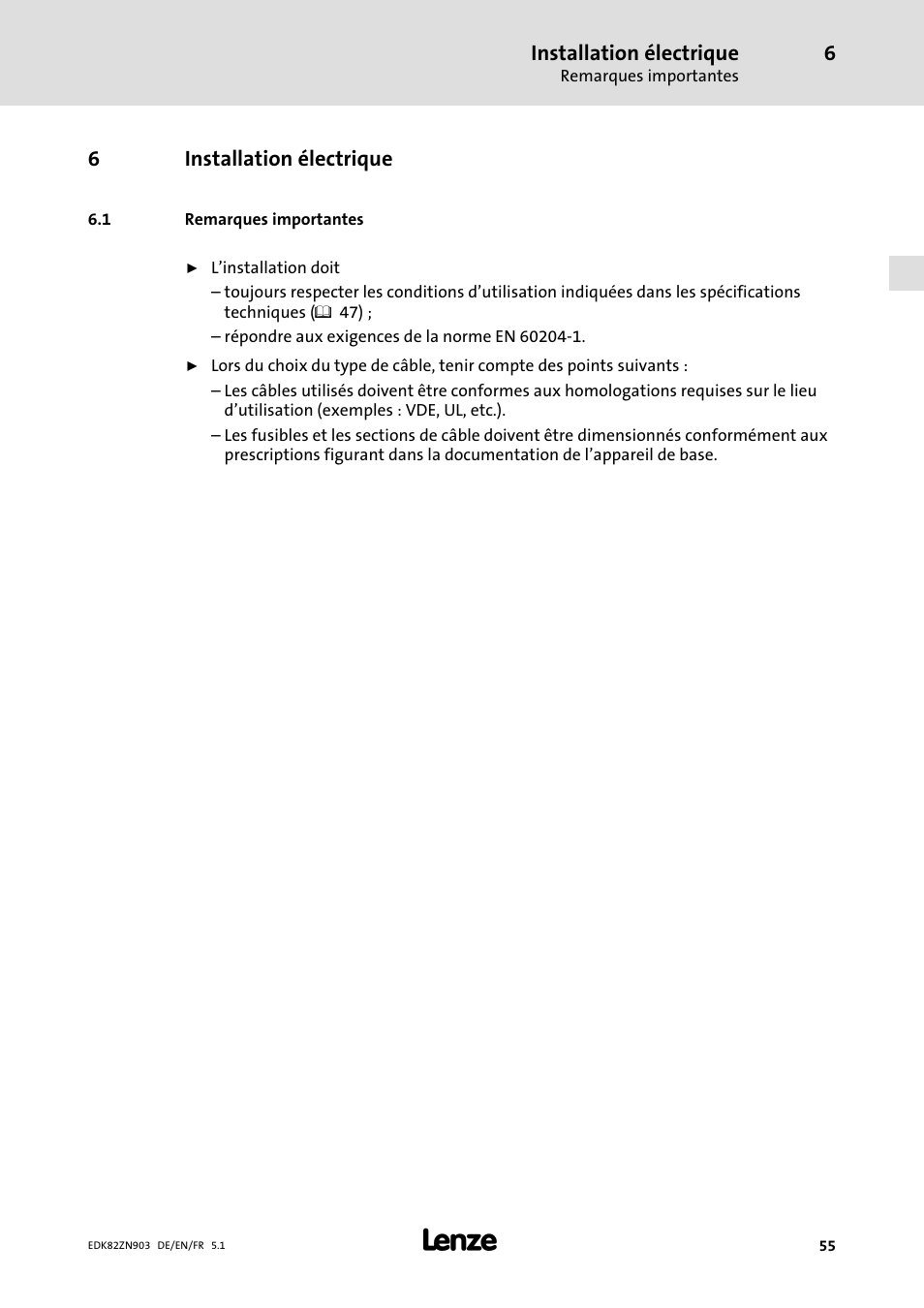6 installation électrique, 1 remarques importantes, Installation électrique | Remarques importantes, 6installation électrique | Lenze E82ZN User Manual | Page 55 / 58