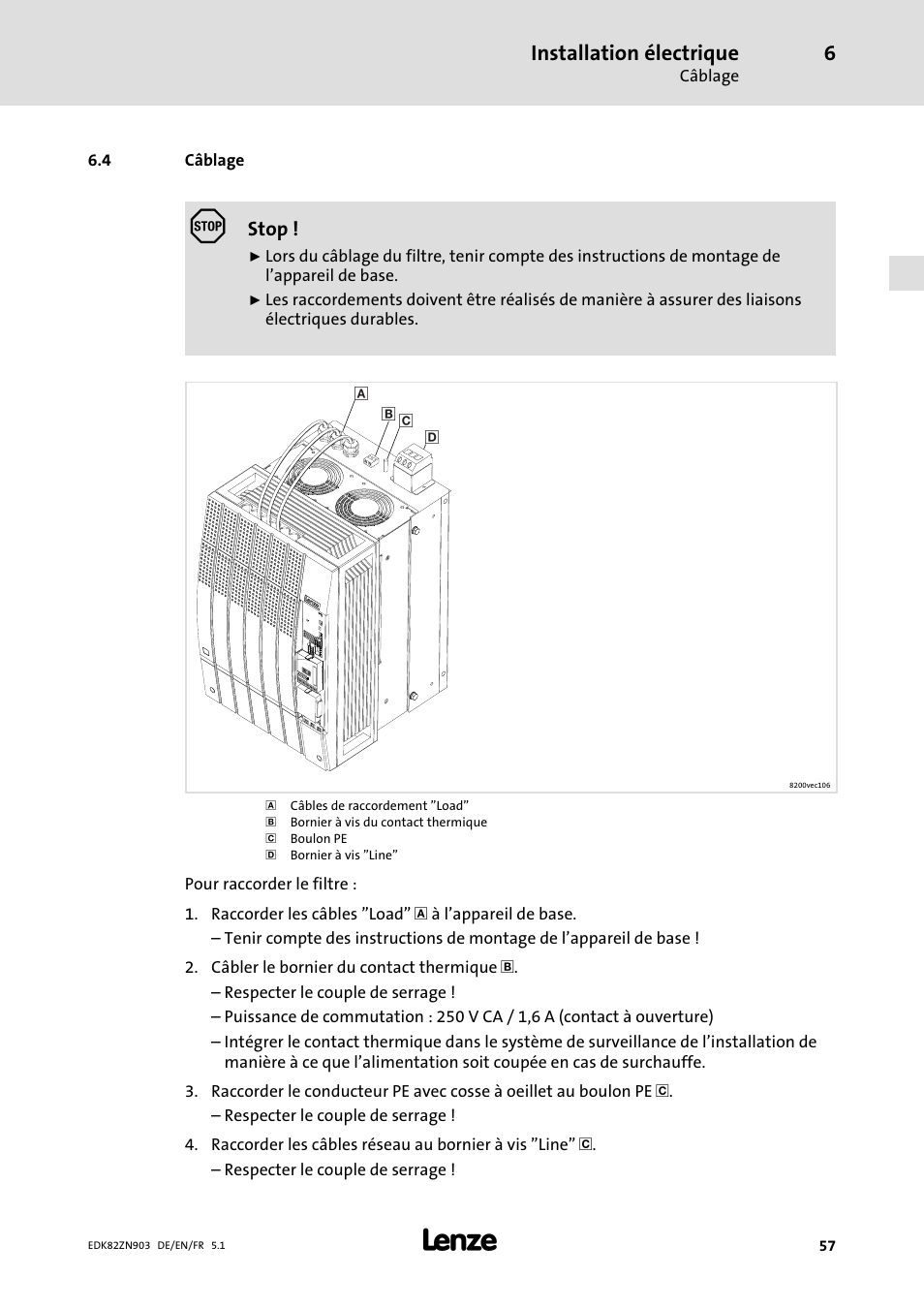4 câblage, Câblage, Installation électrique | Lenze E82ZN User Manual | Page 57 / 58