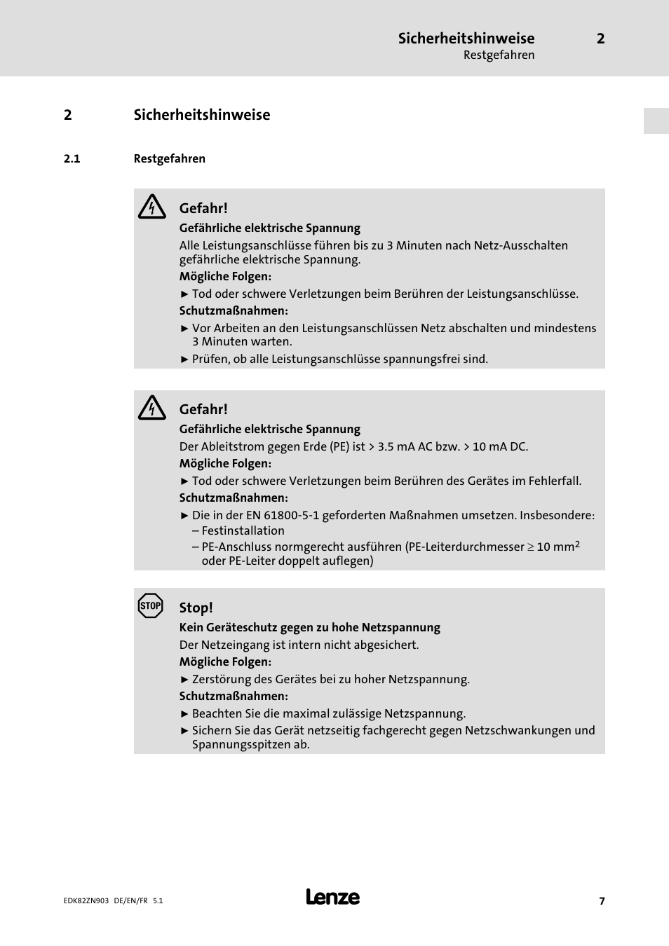 2 sicherheitshinweise, 1 restgefahren, Sicherheitshinweise | Restgefahren | Lenze E82ZN User Manual | Page 7 / 58