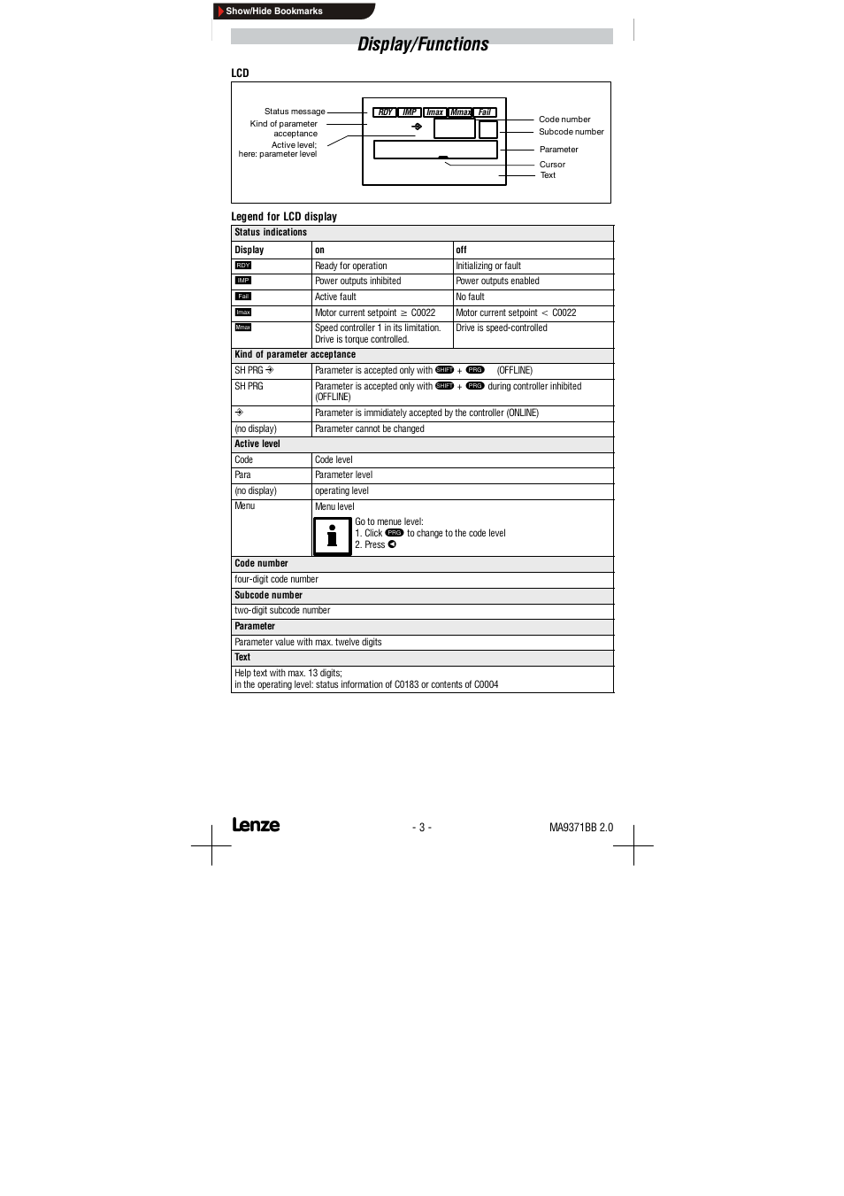 Display / functions, Display/functions | Lenze 9371BB User Manual | Page 11 / 24